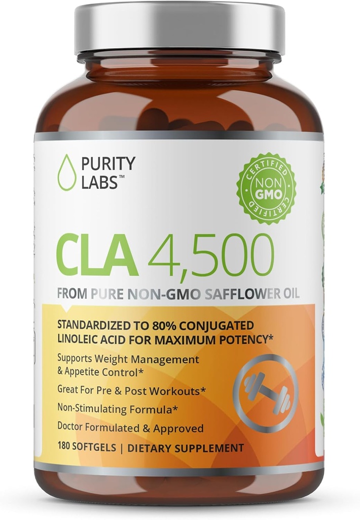 Purity Labs CLA ergänzt 4500MG - Non-GMO Safflower Oil - unterstützt Energie, Gewichtsverlust, Herzgesundheit und Muskelgesundheit - 180 Weichgele