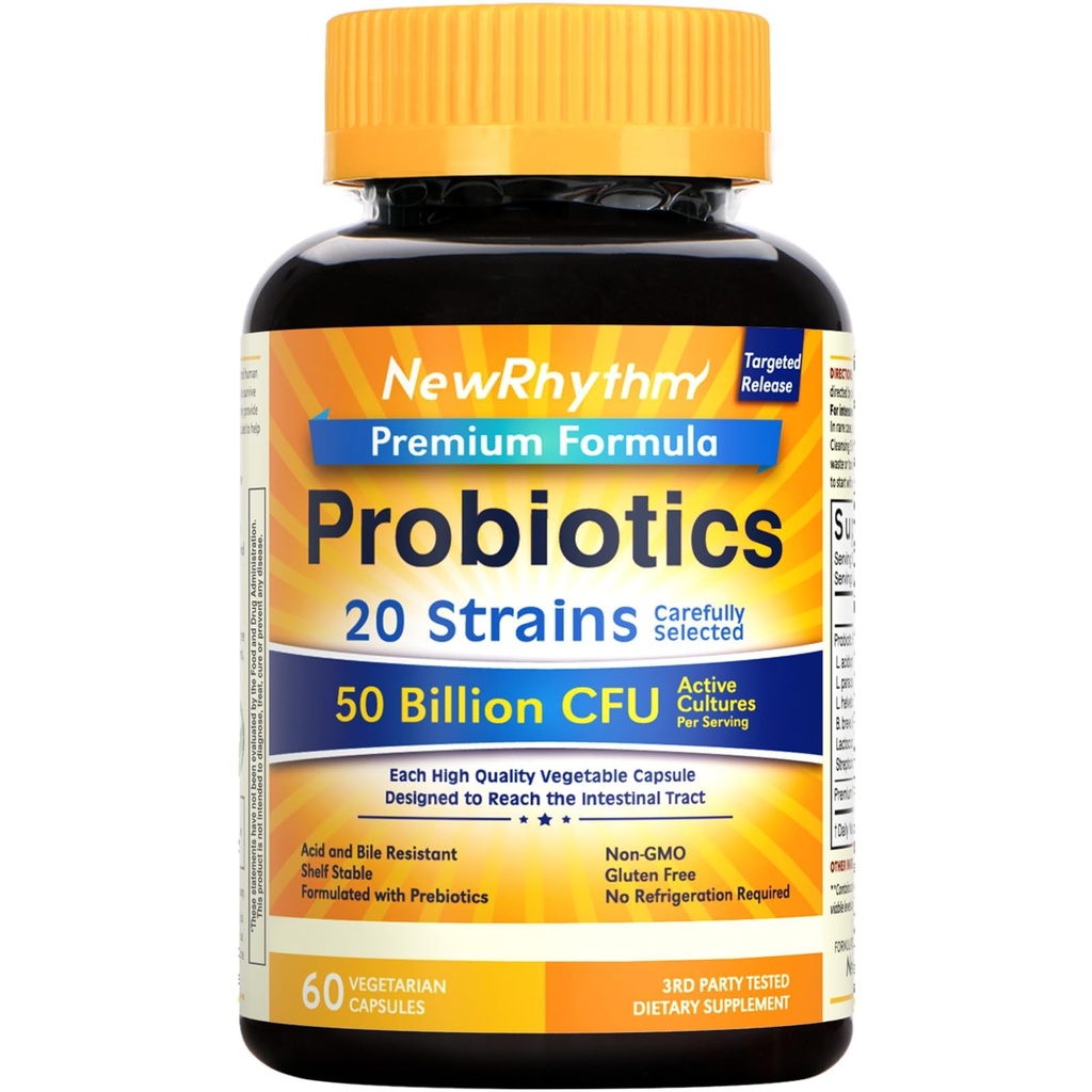 NouveauRhythme Probiotiques 50 milliards CFU 20 souches, 60 capsules de légumes, technologie de libération ciblée, résistant à l'acide estomac, pas besoin de réfrigération, non-OGM, sans gluten