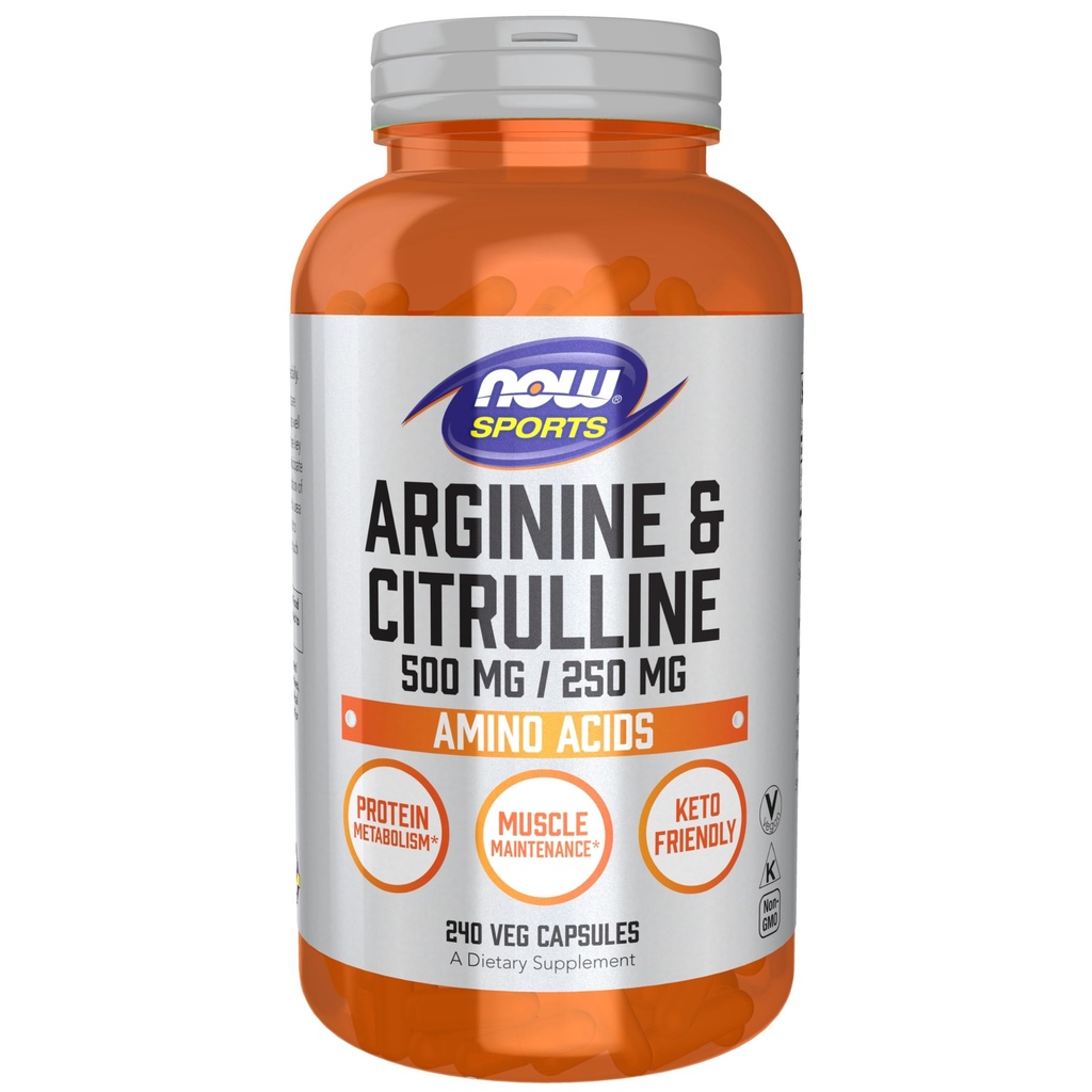 NOW Sporternährung, Arginin & Citrulline 500 mg/ 250 mg, Aminosäuren, 240 Veg Kapseln
