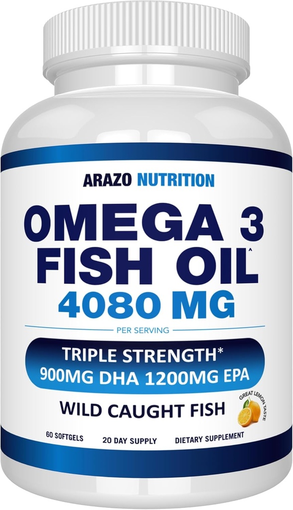 Arazo Nutrition Wild Caught Omega 3 Fish Oil – 60 Soft Gels – 4,080mg High EPA 1200mg DHA 900mg Zitronenflavor Burpless Softgels
