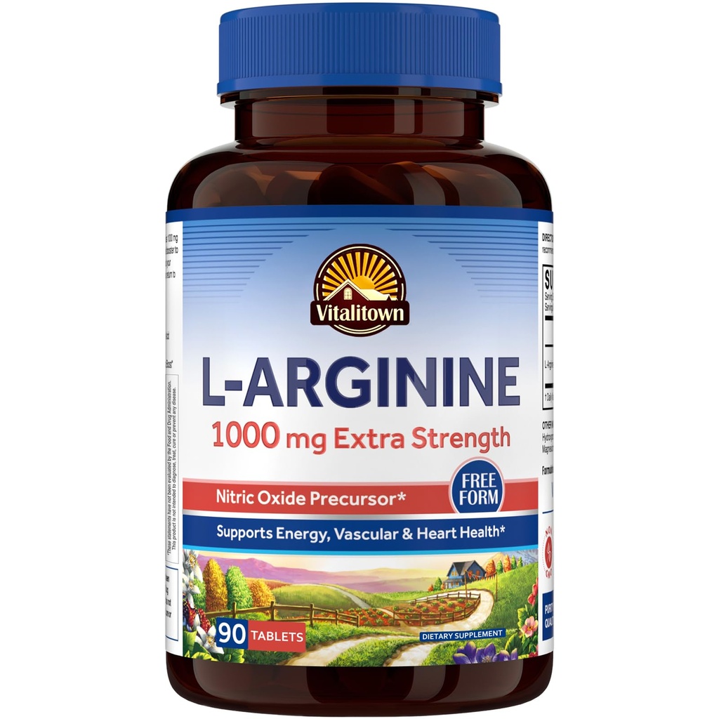 Vitalitown L-Arginin für Männer und Frauen, 1000 mg, Nitric Oxid Booster Ergänzungen, keine Gluten, Non-GMO, Endurance, Workout, Blutflussunterstützung, 90 Tabletten