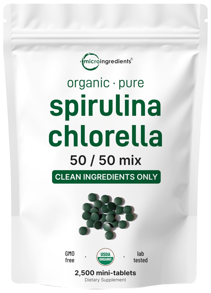 Micro Ingredients Organic Spirulina Chlorella Mini-Tabletten, 2.500 Tabletten (8 Monate Versorgung) | 50/50 Blend Superfood | Cracked Cell Wall für eine bessere Absorption | Reich an veganem Protein & Chlorophyll