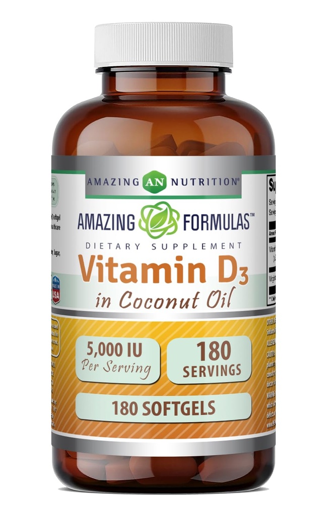 Formules étonnantes Vitamine D3 avec supplément d'huile de coco $ 5000 UI par portion $ 180 Softgels $ Non-GMO $ Sans gluten $ Fabriqué aux États-Unis