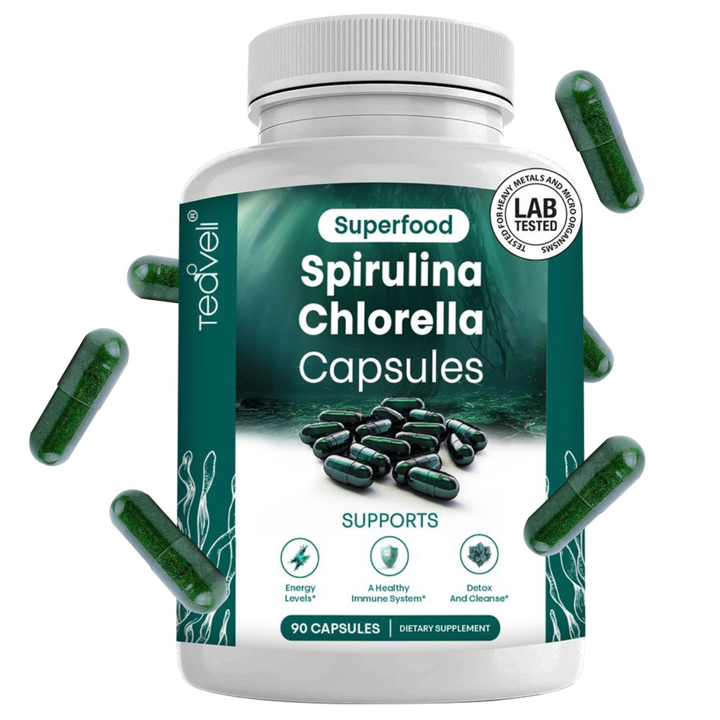Spirulina und Chlorella-Kapseln - Chlorophyll-Pillen und blaugrüne Algen unterstützen leistungsstarke Detox, Energie und ein gesundes Immunsystem - 3x mehr Chlorella-Spirulina-Pulver / Serving - 90 Ct