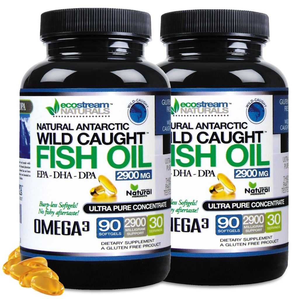 (Pack von 2) Natürliche antarktische Wild Caught Omega 3 Fischöl DPA-EPA-DHA Supplement 2.900 Milligramm Triple Strength Ultra Pure Concentrated SoftGels - keine Fisch Tasting Burps