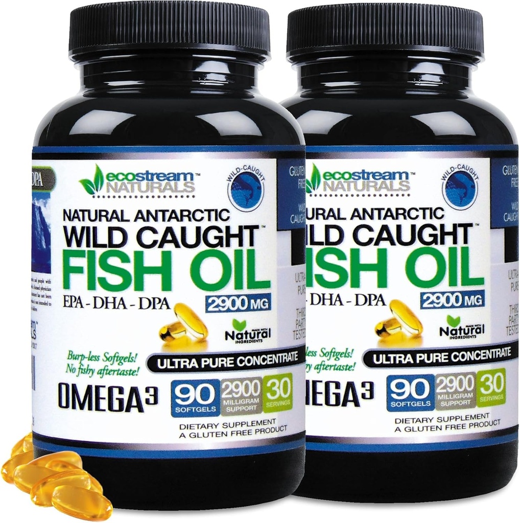 (Pack von 2) Natürliche antarktische Wild Caught Omega 3 Fischöl DPA-EPA-DHA Supplement 2.900 Milligramm Triple Strength Ultra Pure Concentrated SoftGels - keine Fisch Tasting Burps