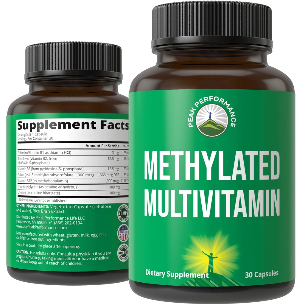 Methyliertes Multivitamin + Methyliertes B Complex Supplement. Mit Trimethylglycin (TMG), L Methylfolat, Methyl B12 + B1 + B2 + B6 Vitamine + Cholin. MTHFR Supplement für Damen und Herren. Vegan Kapseln