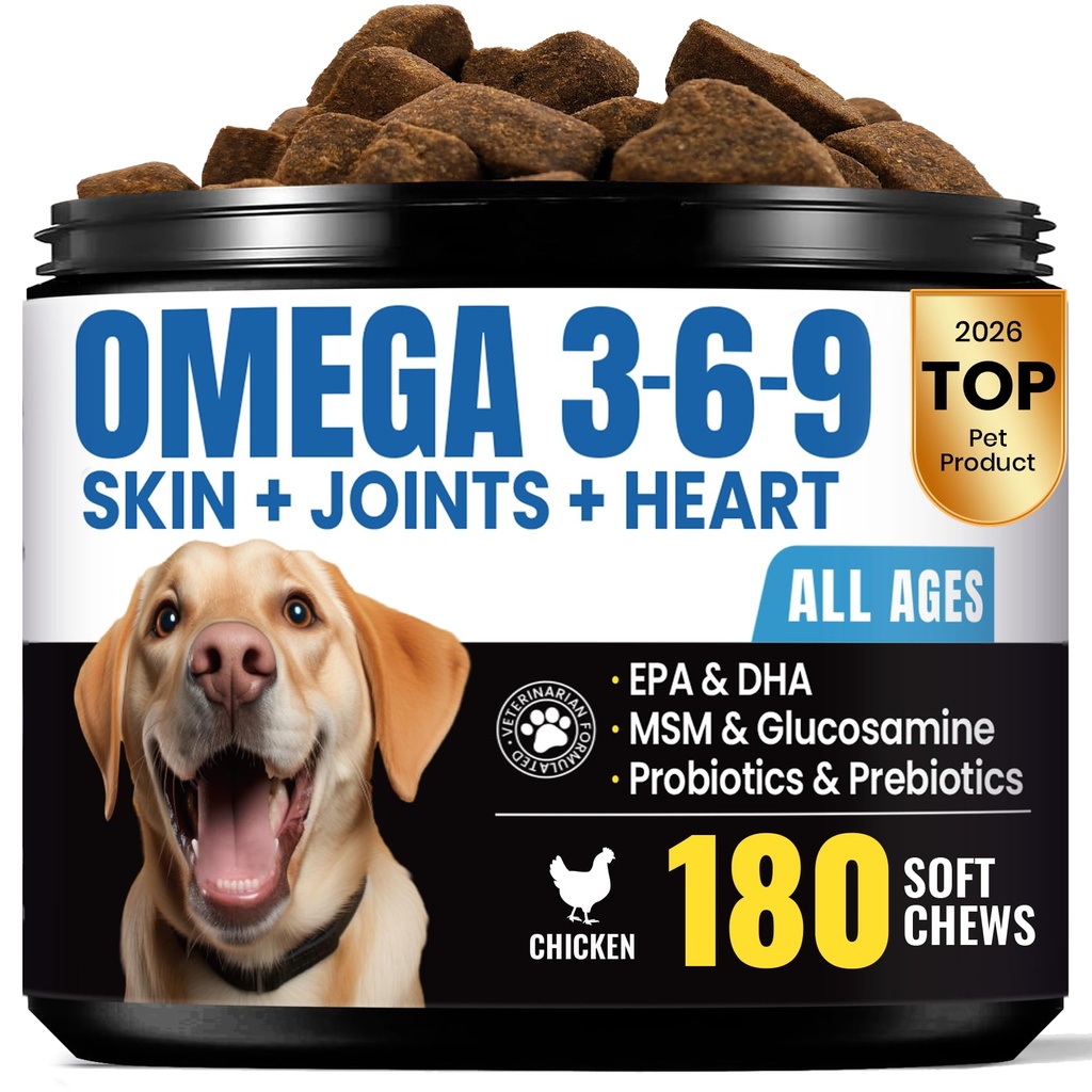 Omega 3 for Dogs – Salmon Oil for Dogs Skin & Coat Health, Fish Oil Supplement for Dog Shedding, Itch & Hot Spot Relief, Allergy Chews with EPA & DHA Fatty Acids for Skin & Joint Support - 180 Ct