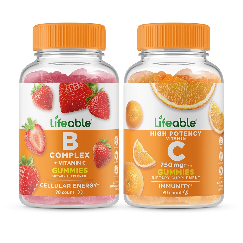 Lebensfähiger B-Komplex + Vitamin C 750mg, Gummie Bundle - Große Verkostung, Vitamin-Ergänzung, Glutenfrei, GVOfrei, Kaubar