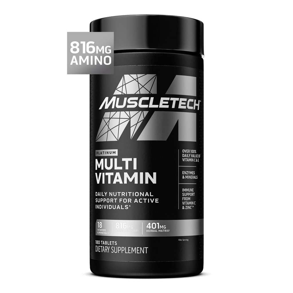 Multivitamines de platine Muscletech pour les hommes et les femmes - Supplément multivitamine pour le soutien immunitaire - 18 vitamines et minéraux, vitamine A C D E B6 B12 - Suppléments d'entraînement quotidien pour les hommes - 180 capsules