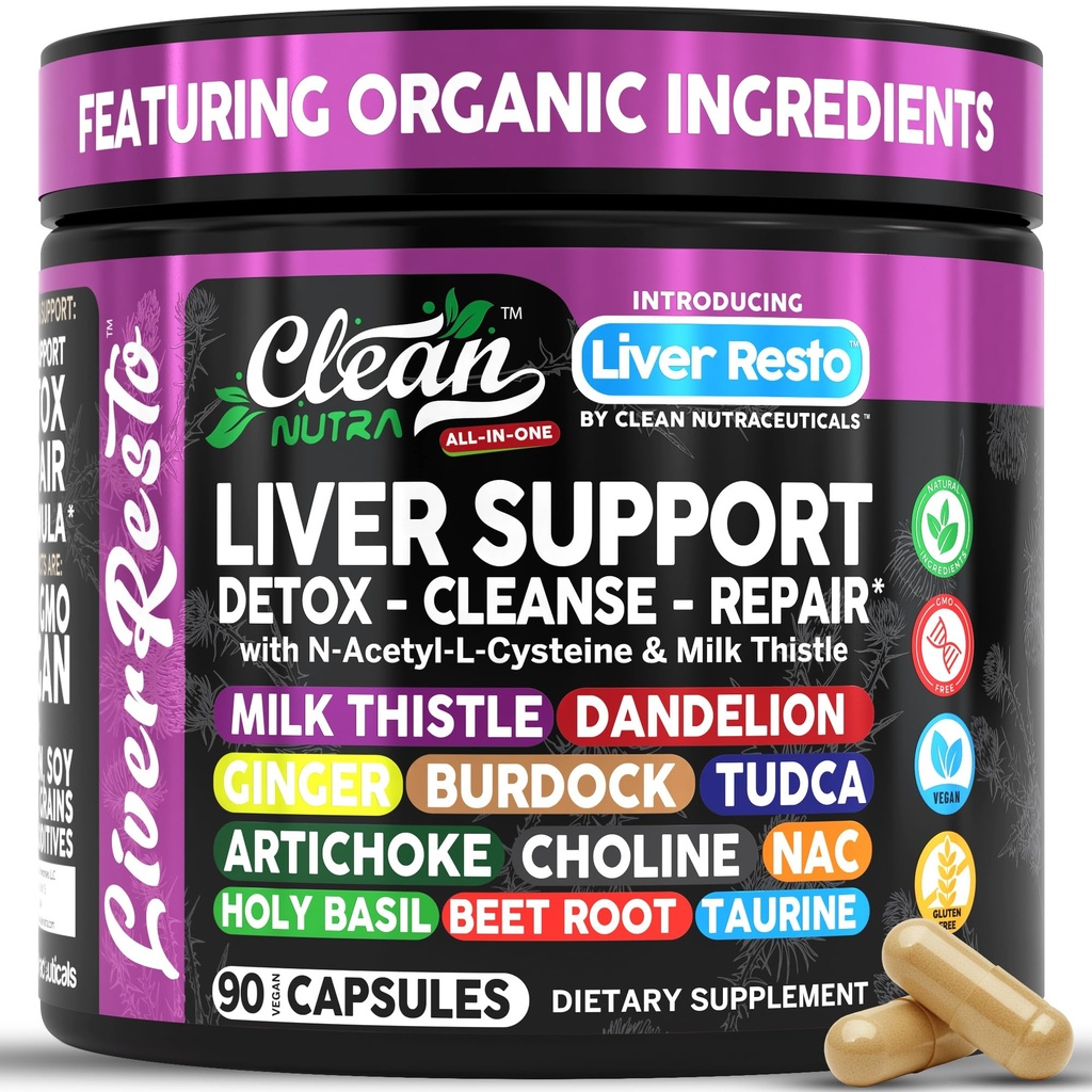 Clean Nutraceuticals Liver Cleanse Detox & Repair | Milk Thistle Supplement + NAC, TUDCA, Dandelion Root, Artichoke, Choline, Ginger, Beet Root, Burdock, Taurine, Liver Support 90 Kapseln