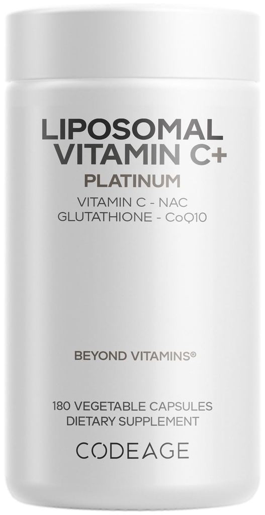 Codeage Liposomales Vitamin C + Platinum - 1000 Mg Vitamin C Vitamine, Glutathion, NAC (N Acetyl Cystein), Resveratrol, CoQ10, Rutin, Holunderbeeren, Quercetin, Hagebutten, Citrus Bioflavonoide - 180 Kapseln