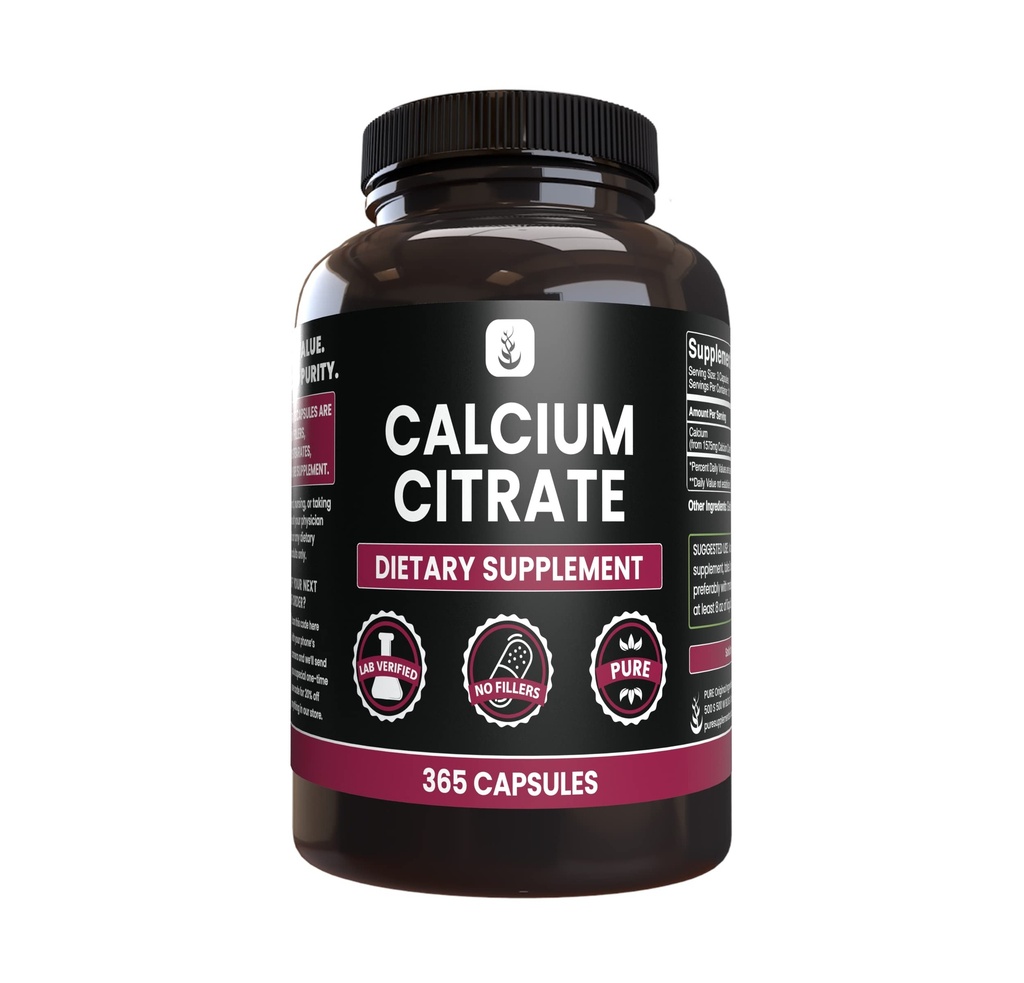 Ingrédients originaux purs Citrate de calcium (365 Capsules), Pas de Magnésium ou de Rice Fillers, Toujours Pure, Verified Lab