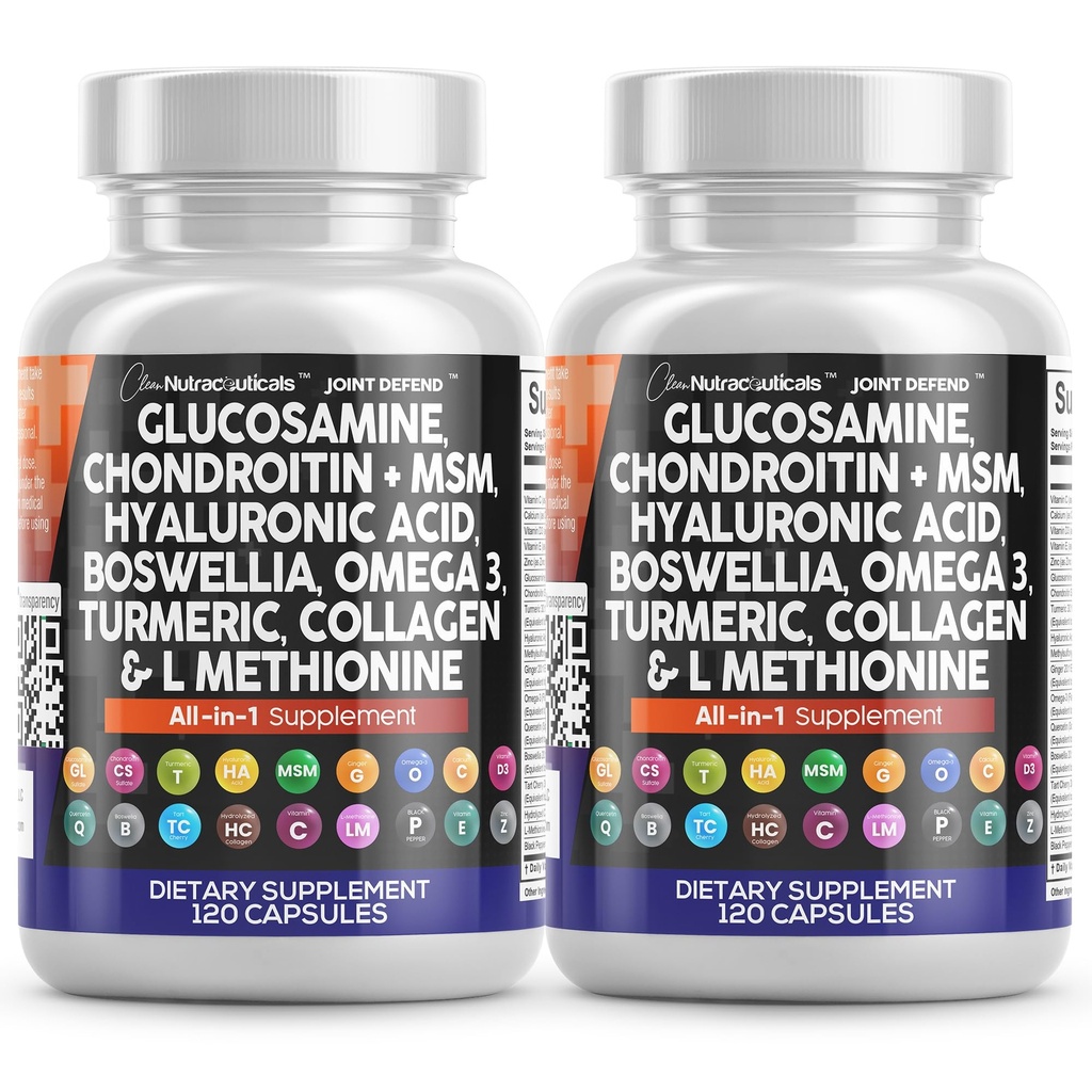 Nutraceutiques propres Glucosamine Chondritine MSM 1500mg avec curcumine curcumine, collagène, acide hyaluronique, Omega 3 – supplément de santé mixte pour les hommes et les femmes (120 Nombre (paquet de 2))