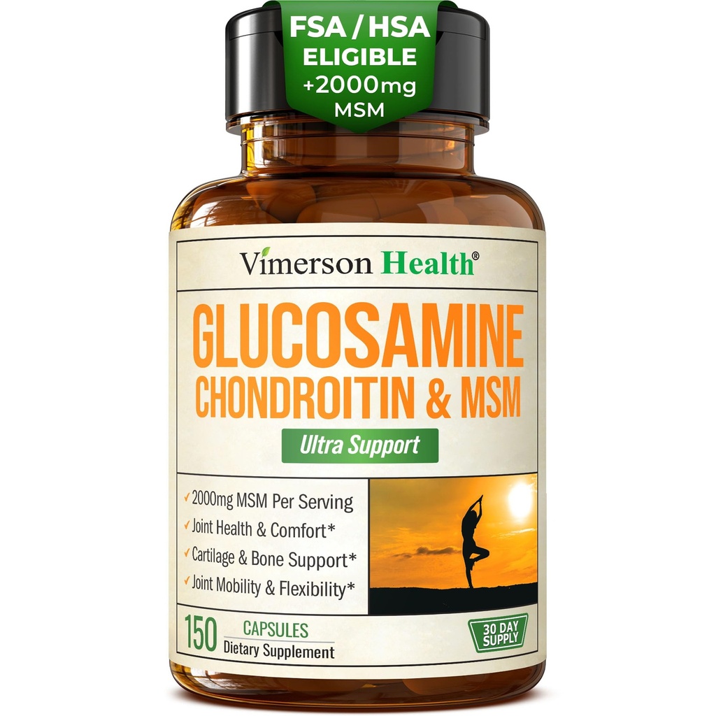 Supplément à la glucosamine Chondroïtine MSM – Suppléments articulaires 3-en-1 pour les hommes et les femmes avec/Sulfate de glucosamine 1500mg, Sulfate de glucosamine 1200mg et MSM 2000mg pour la santé conjointe – ASF Admissible 150 capsules