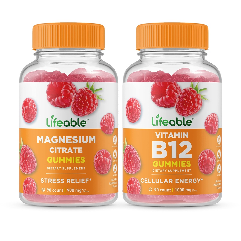 Magnésium vivable + vitamine B12, Gummies Bundle - Grande dégustation, supplément de vitamine, sans gluten, sans OGM, gummy à croquer