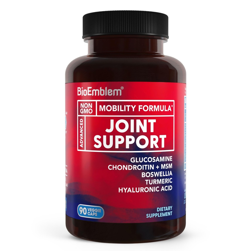 Soutien mixte BioEmblem - Glucosamine Chondroitin + MSM 1500 MG - avec Boswellia, Turmeric & Hyaluronique Acid - Supplément Santé Joint, Mobilité, Flexibilité, Cartilage - Non-OGM - 90 Caps