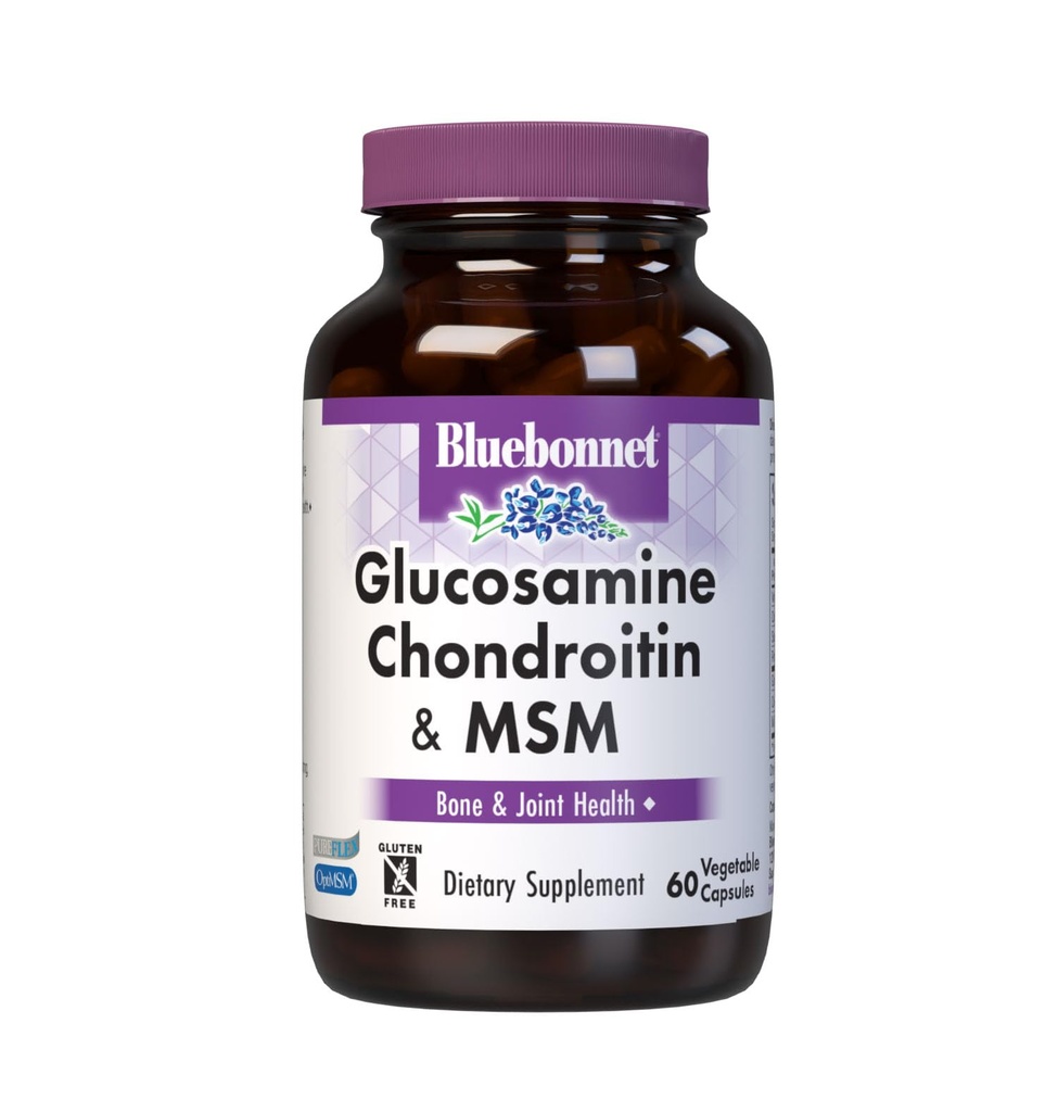 Bluebonnet Nutrition Glucosamin Chondroitin & MSM, Glucosamin, Bone & Joint Health*, Nicht-GVO, Glutenfrei, Sojafrei, Molkereifrei, 60 Gemüsekapseln, 20 Portionen
