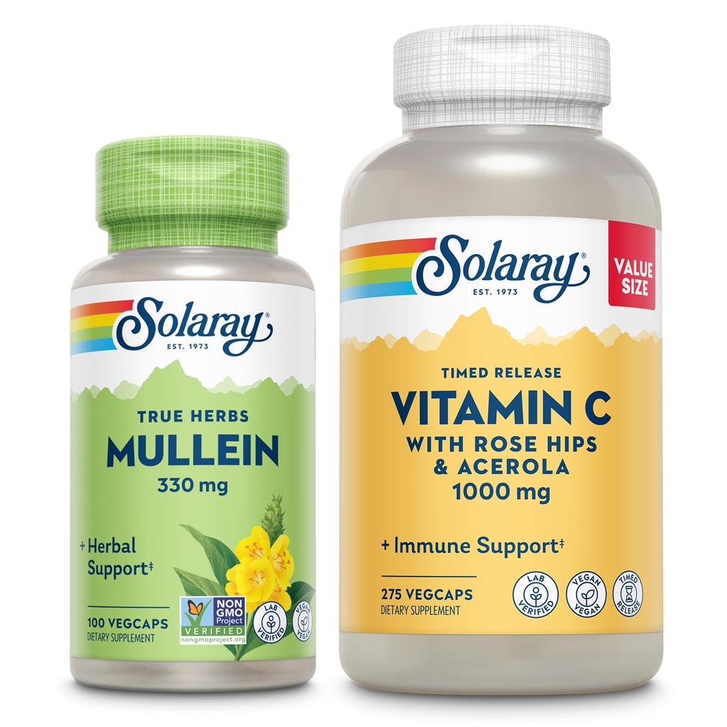 SOLARAY Vitamin C 1000mg und Mullein Leaf Wellness Bundle - Time Release Vitamin C Supplement und Mullein Kapseln, traditionell für Wellness-Unterstützung verwendet - Vegan, 60-Day Garantie, 275/100 VegCaps