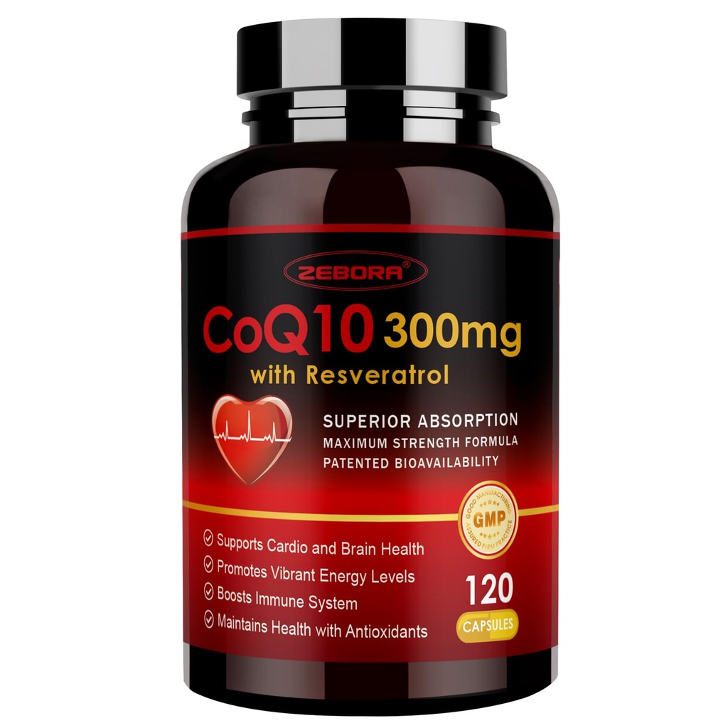 ZEBORA CoQ10-300mg avec Trans-Résvératrol, PQQ & Vitamine E - Coenzyme d'absorption élevée-Q10 avec BioPerine - Antioxydant puissant pour le cœur et la production d'énergie,120 Capsules de Veggie