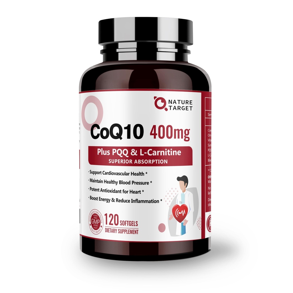 NATURE TARGET CoQ10-400mg mit PQQ, Omega-3s & L-Carnitin, High Absorption Coenzyme-Q10 mit BioPerine, unterstützt Herz, Gehirn, Immunsystem, Energieproduktion, 120 Portionen