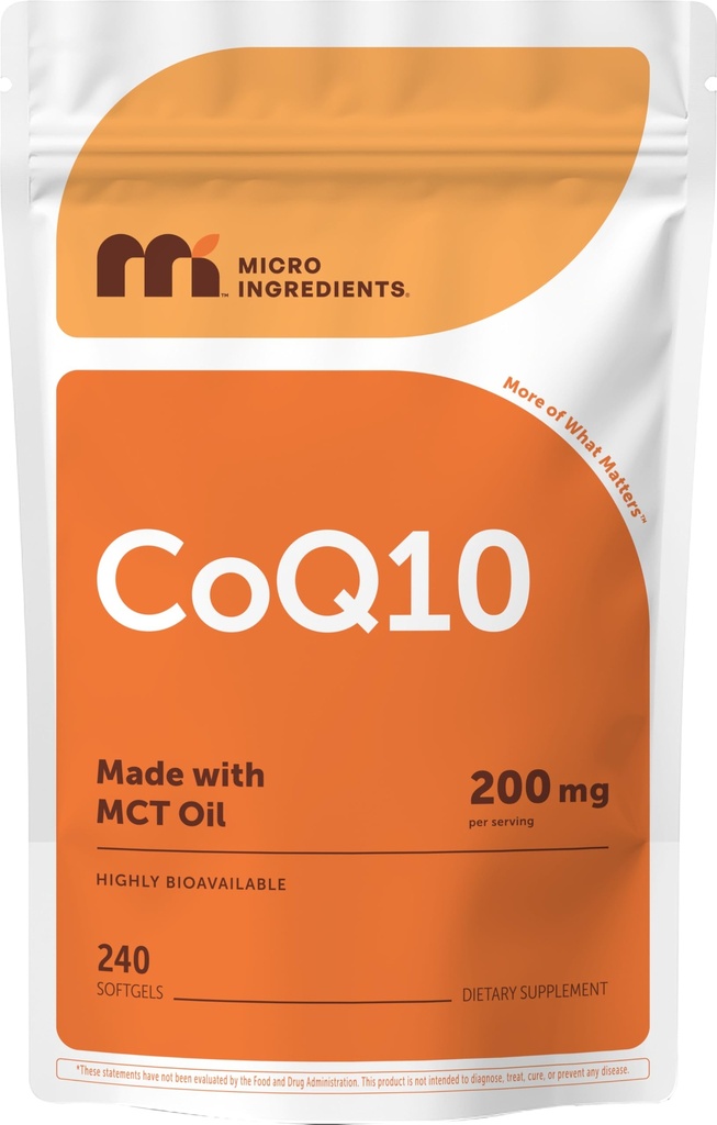 Micro Ingredients CoQ10 200mg pro Servierung, 240 Softgels | Hergestellt mit Kokosnuss-MCT-Öl | Coenzym Q10 (Ubichinon) | Non-GMO