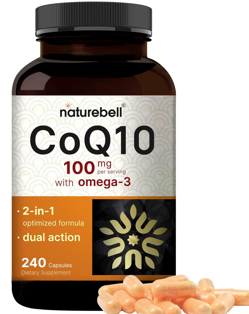 NatureBell CoQ10 100mg mit Omega 3, 240 Kapseln | Stabile hohe Absorptionsform – Antioxidans Unterstützung für Herz & Energie Gesundheit – Extra Strength Coenzym Q10 Supplement