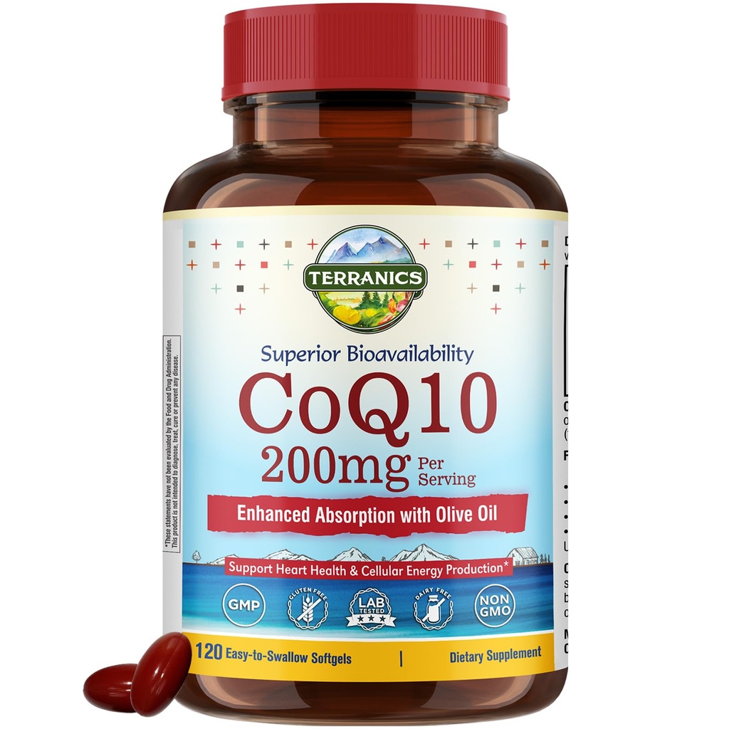 Terranics CoQ10 200mg, Coenzyme Q10 supplément avec huile d'olive vierge extra pour l'absorption améliorée, fabriqué aux États-Unis, soutient la santé cardiaque, la protection antioxydante, la production d'énergie, non-OGM, 120 Softgels