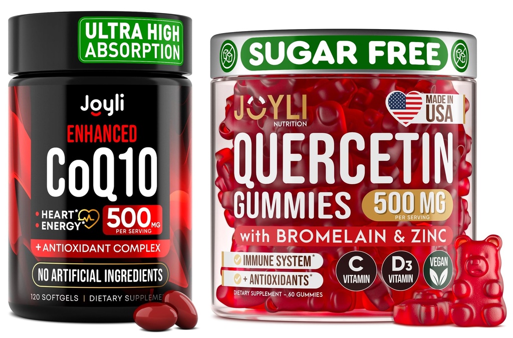 Quercetin mit Bromelain & CoQ10 500mg Bundle - 120 Coenzym Q10 Softgels + 60 Zuckerfreie Quercetin-Gummien mit Zink, Vitamin C & D3 - Immune, Heart & Energy Support - USA Made Supplements