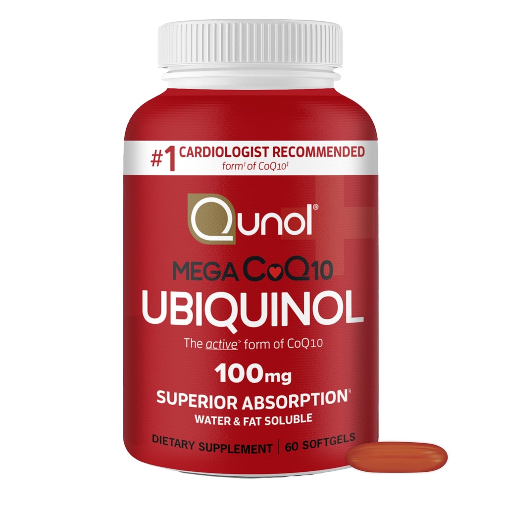 Qunol Ubiquinol CoQ10 100mg Softgels, Qunol Mega Ubiquinol 100mg - Überlegene Absorption - Aktive Form von Coenzym Q10 für Herzgesundheit - 2 Monate Versorgung - 60 Zähler