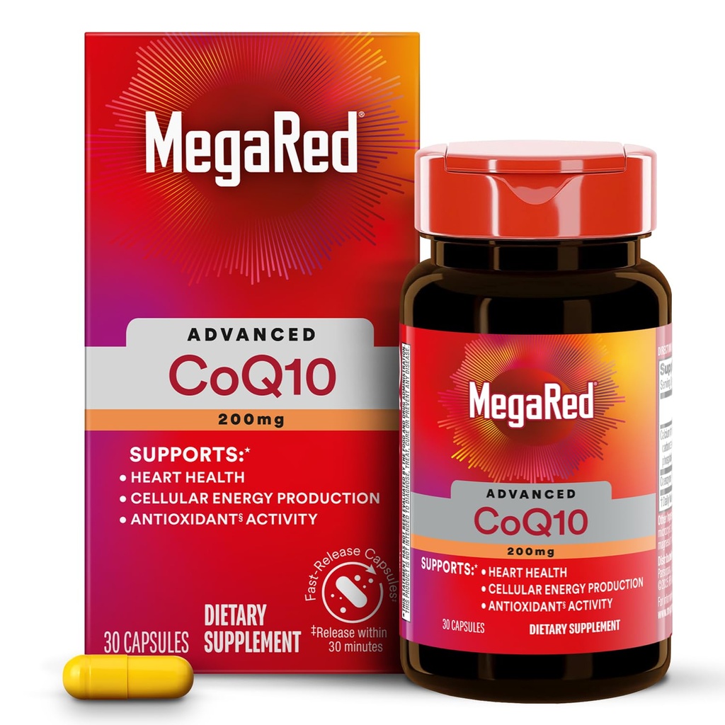 MegaRed Advanced CoQ10 Suppléments- 200mg par service, puissant antioxydant qui soutient la production d'énergie cellulaire et protège contre les radicaux libres*- 30 capsules Coenzyme Q10, 30 portions