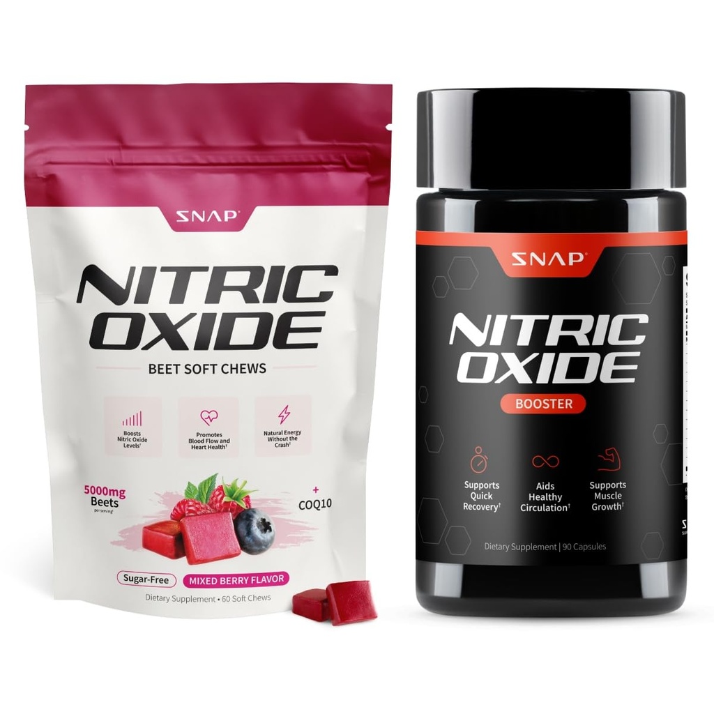 Snap Supplements Nitric Oxide Beet Root Soft Chews + Nitric Oxide Booster Bundle, 60 Sugar-Free Soft Chews + 90 Vegetarian Capsules