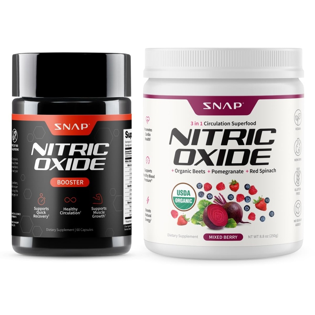 Snap Supplements Nitric Oxide Booster + Nitric Oxide Beets Mixed Berry Bundle, 60 Vegetarian Capsules + 30 Servings