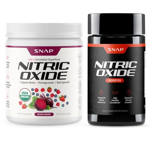 Snap Supplements Organic Beet Root Nitric Oxide Powder + Nitric Oxide Booster Bundle, 30 Servings Mixed Berry Powder + 90 Vegetarian Capsules