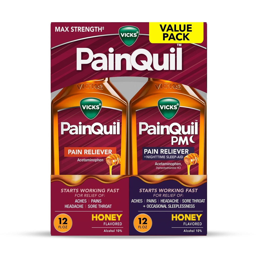 Vicks PainQuil Pain Relief Acetaminophen 1000mg Max Strength Honey Flavored Adult Pain Reliever Liquid 2x12oz, Backache Headache Relief, 1 Daytime Pain Reliever x 1 Nighttime Pain Relief + Sleep Aid