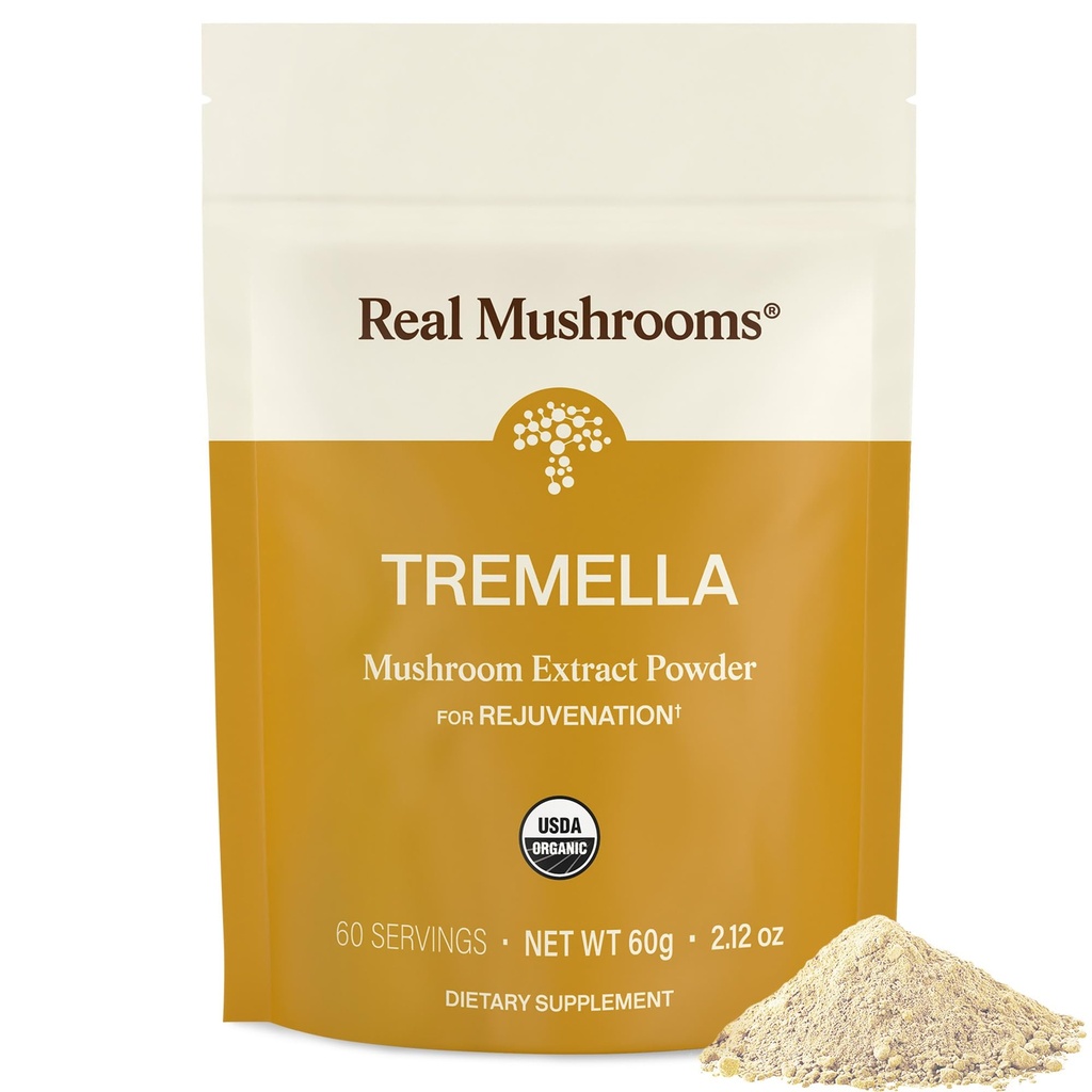 Véritables champignons Tremella Poudre de champignons – Extrait de Tremella biologique du corps fruitier – pour la routine quotidienne de bien-être – végétalien, non-OGM, sans remplissage – 60 portions Mélange de champignons