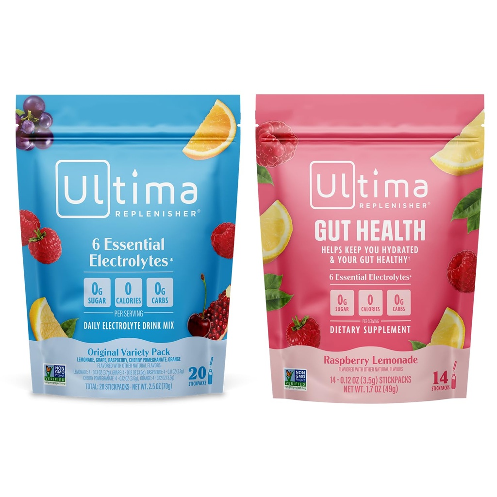 Ultima Replenisher Electrolyte Powder Drink Mix Bundle – Sugar Free – Variety, Gut Health – 20 Stickpacks, 14 Stickpacks – 6 Elektrolyte und Mineralien – Keto Friendly, Vegan, Non-GMO
