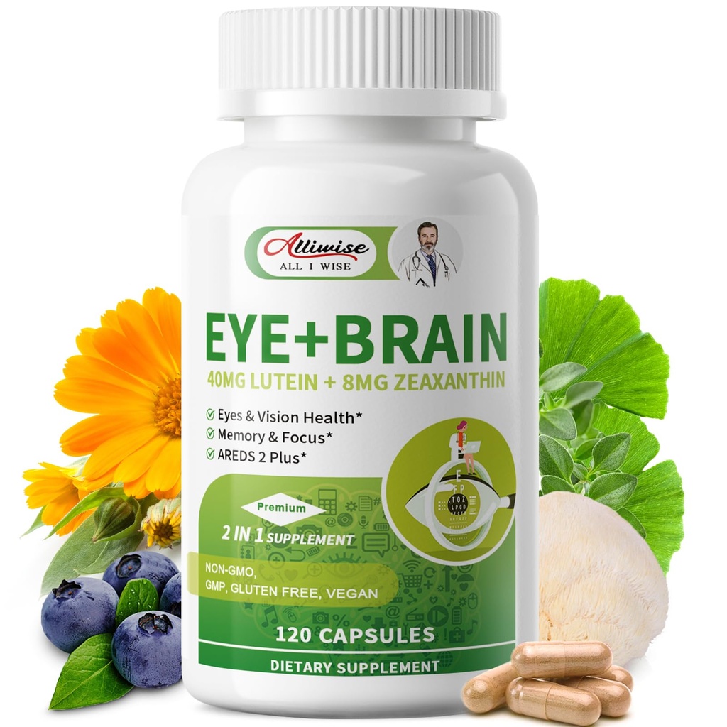 Augen + Gehirn Ergänzungen für Gedächtnis und Fokus, Lutein 40mg, Zeaxanthin, Astaxanthin, Bilberry, Lion's Mane, Bacopa Monnieri, Ginkgo Biloba, 14 in 1 Augen Vitamine für Erwachsene & Senioren 120 Kapseln