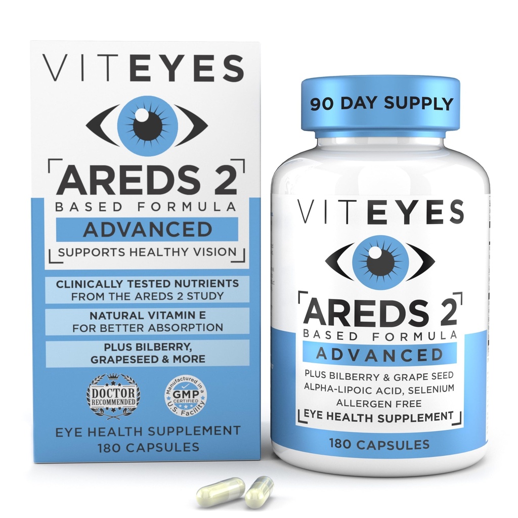 Vityeyes AREDS 2 Vitamines oculaires avancées, support maculaire avec Bilberry, graines de raisin, FLORAGLO Lutéine, Sélénium, Vitamine naturelle E, Allergène libre, Protection de la vision, Eye Doctor Trusted, 180 Comte