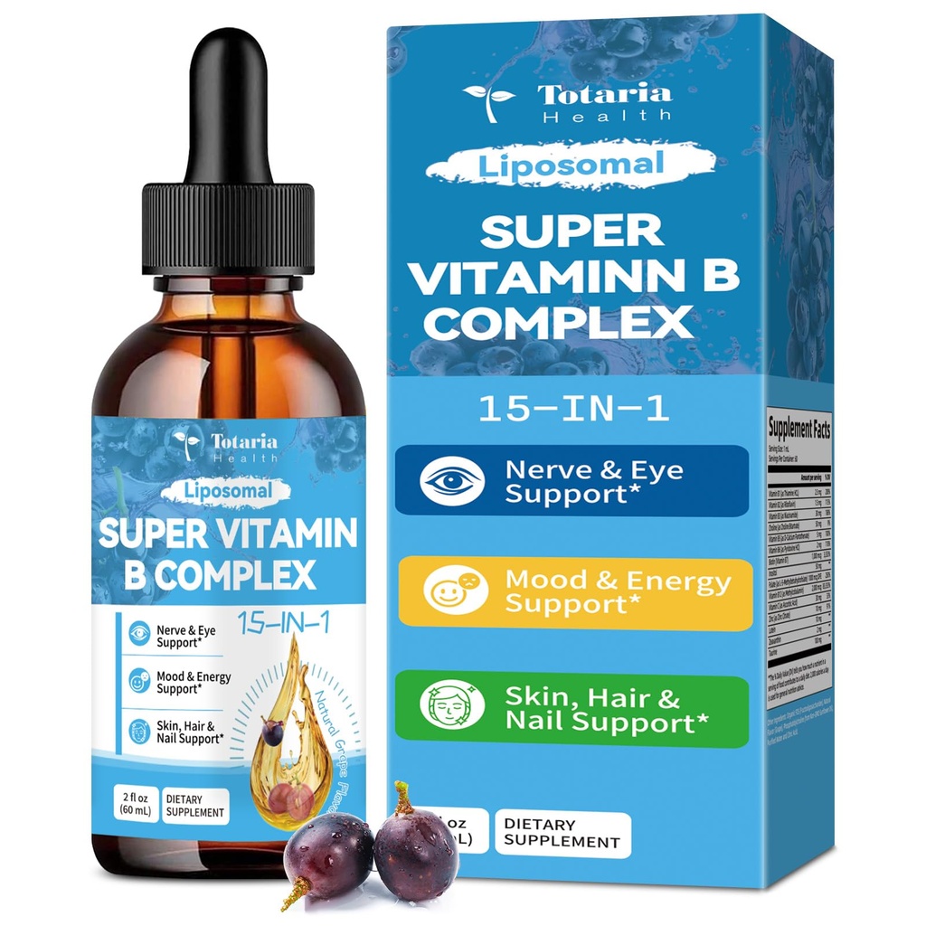 15-in-1 Liposomale Vitamin B Complex Pro, Sugar-free B Complex Drops mit B1, B2, B3 Niacinamid, Choline, B5, B6, B7 Biotin, Inositol, Folate, B12, Zink, Lutein, Zeaxanthin, Taurine & Vit. C, 2 fl oz