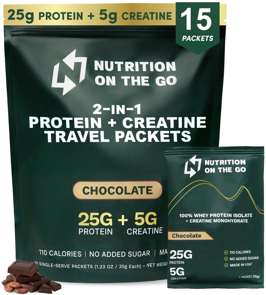 Nutrition On The Go Whey Protein Isolate Packets with Creatine - 25g Protein + 5g Créatine - Poudre de protéines voyage mono-serve - 5,9g BCAA, Keto & Low-Carb, sans gluten - Chocolat (15-Pack)