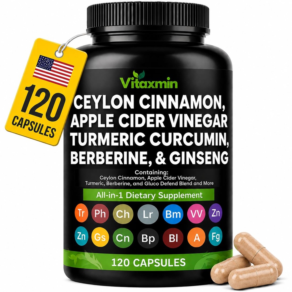 Ceylon Cinnamon Capsules with Berberine, Apple Cider Vinegar, Turmeric Curcumin, Chromium, Gymnema Sylvestre, Ginseng - Daily Wellness Supplement 120 Caps Made in USA