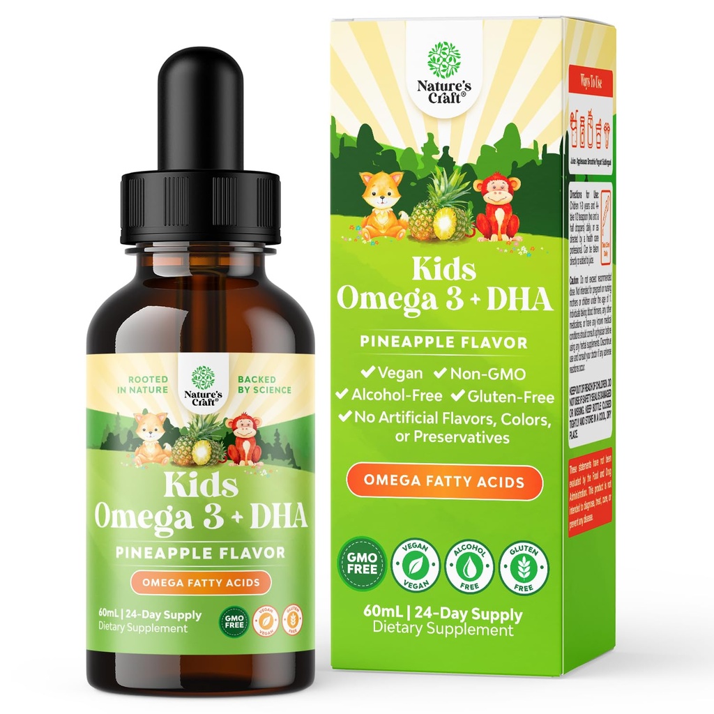 Enfants DHA Omega 3 gouttes - Acides gras Omega 3 6 9 pour le cerveau, la force immunitaire et la vision - DHA nutritionnel pour les enfants pour le système nerveux sain et le soutien focal - Supplément liquide avec EPA et ALA - 2 Fl Oz