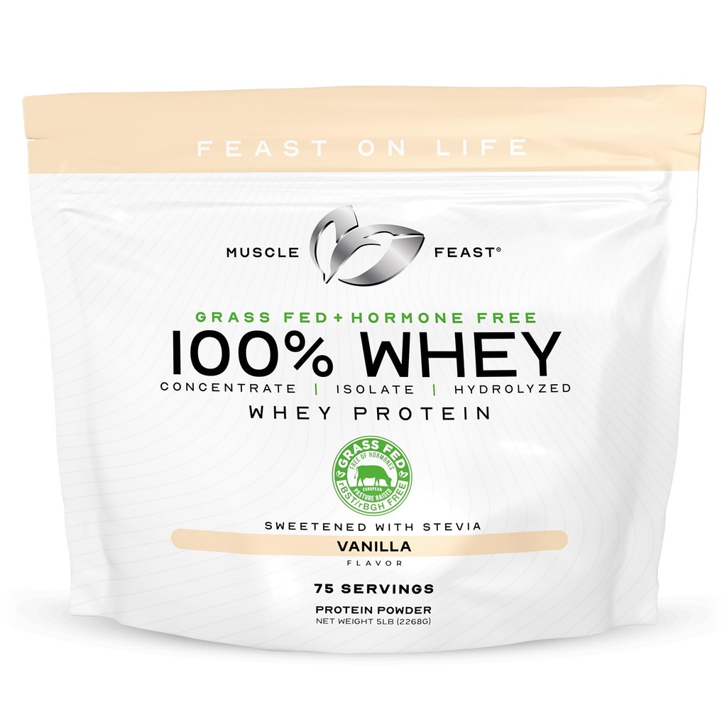 Muscle Feast 100% Grass Fed Whey Protein Powder, All Natural, Hormone Free Paure Raised Whey Protein Powder for Women & Men - Whey Concentrate, Isolate & Hydrolyzed Protein Powder Blend - Vanilla, 5lb