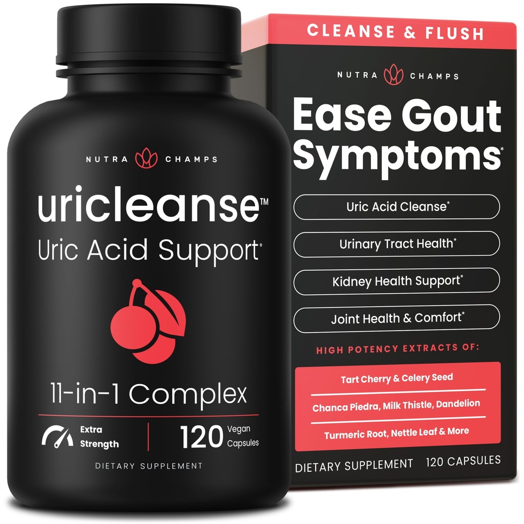 Uric Acid Cleanse & Gout Support – Tart Cherry, Celery Seed, Chanca Piedra, Milk Thistle & Turmeric for Kidney Detox, Joint Comfort & Uric Acid Balance – 11-in-1 Natural Formula - 120 Count
