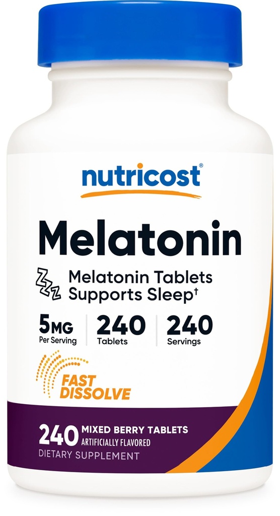 Nutricost Melatonine 5mg, 240 comprimés dissolvants rapides (arôme de baie mixte) - Non-OGM, sans gluten