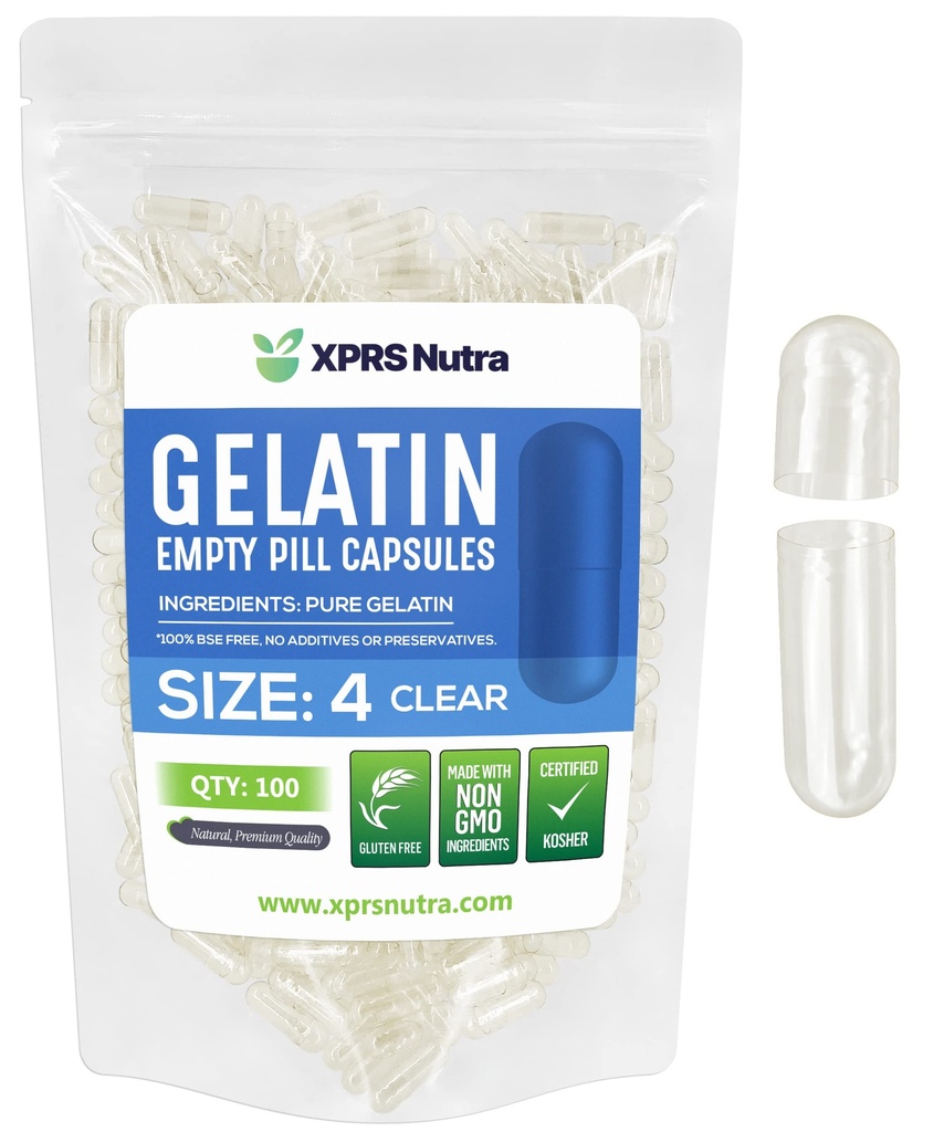 XPRS Nutra Größe 4 Leere Kapseln - 100 Count Small Clear Leere Gelatine Kapseln - Pillen DIY Kapsel Füllung - Fillable Pure Bovine Pill Gel Kapseln für Do-It-Yourself Ergänzungen