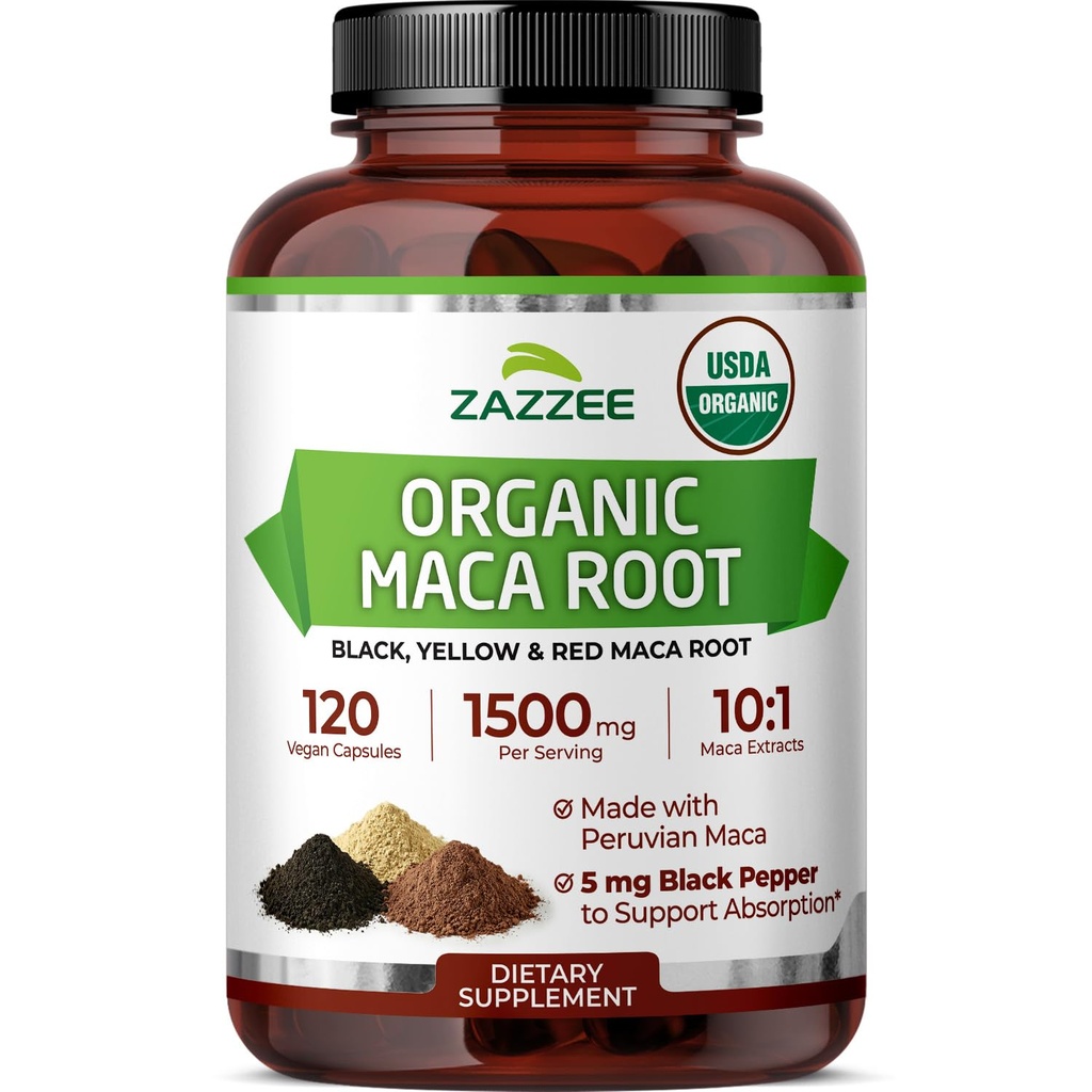 Zazzee USDA Organic Maca Root 10:1 Extract, Red, Black & Yellow Maca, 1500 mg per Serving, Peruvian, 120 Vegan Capsules, Black Pepper Extract, Maca Peruana, Energy & Stamina Support, Made in the USA