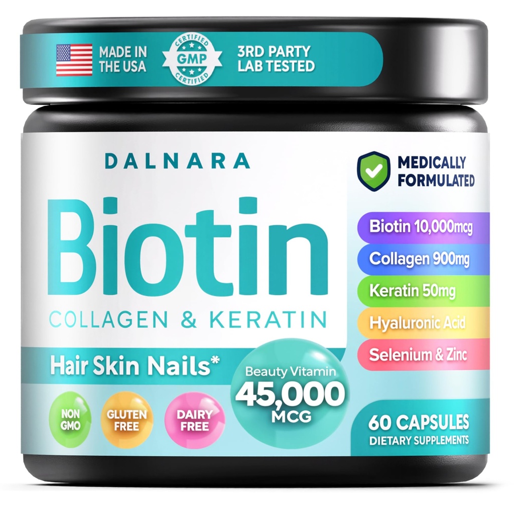 Biotin Collagen & Keratin – Haar-, Haut- & Nails Vitamine, 45.000 MCG Vitamin Complex (A, B1, B2, B3, B6, B7, C & E) – Biotin für das Haarwachstum für Frauen & Männer, Haarvitamine-60 Kapseln– Made in USA