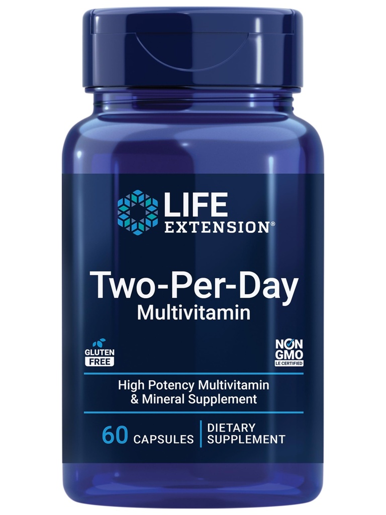 Prolongation de vie multivitamine de deux par jour - pour le cœur, le cerveau, les vaisseaux sanguins et la santé cellulaire – Vitamines et minéraux essentiels pour le bien-être - deux par jour - sans gluten – sans OGM – 60 capsules
